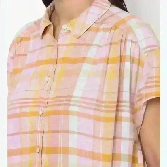 NWT American Eagle Plaid Short Sleeve Pink Orange Button Down Shirt Size X-Small - Picture 3 of 7